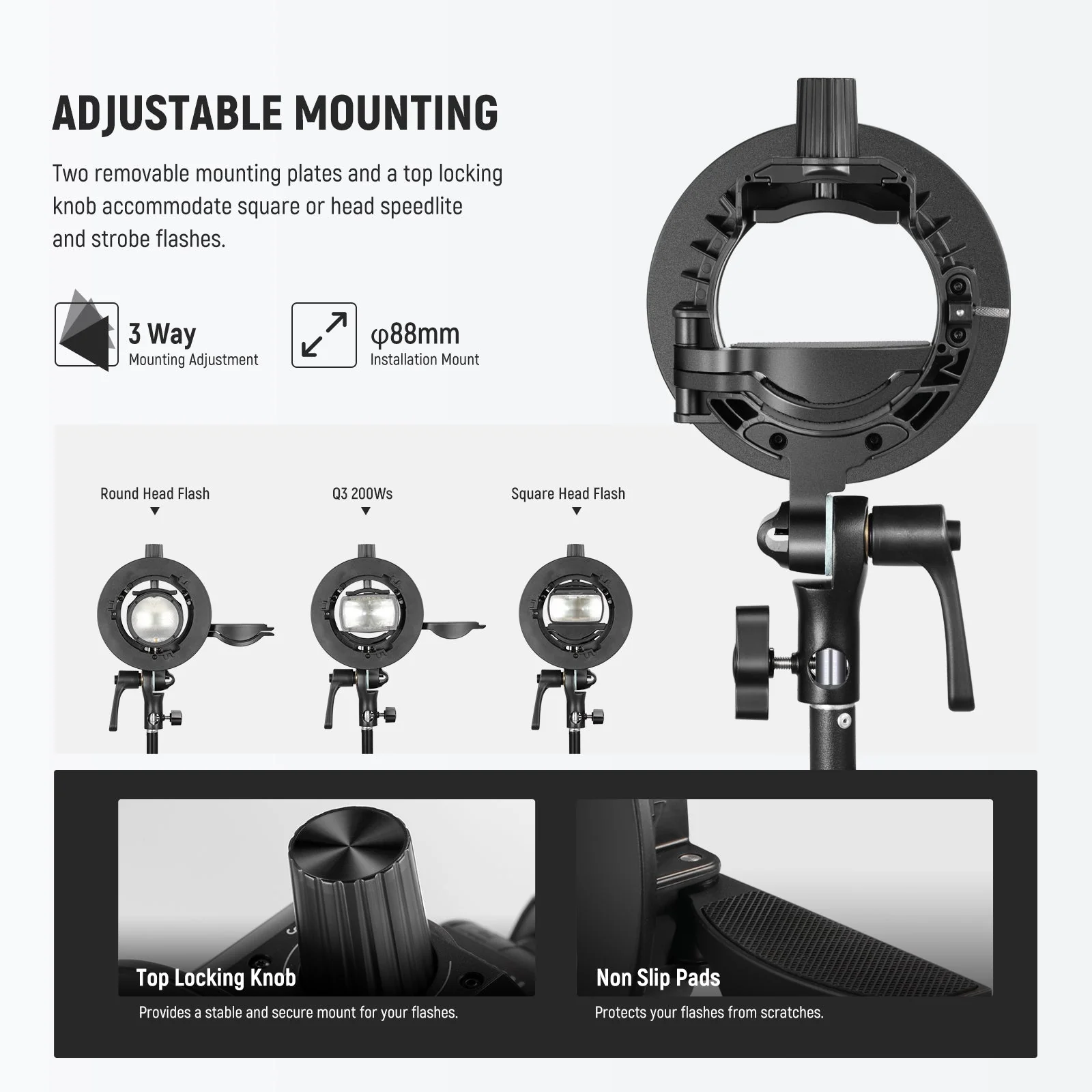 NEEWER CRB1 S-Type Bowens Mount Bracket Holder for Round Square Flash - Image 3