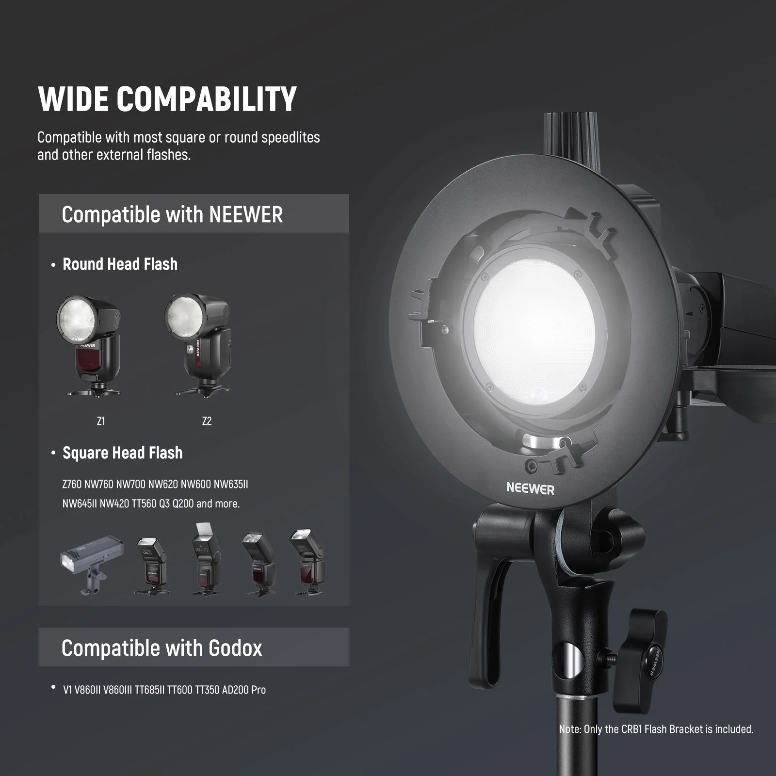 NEEWER CRB1 S-Type Bowens Mount Bracket Holder for Round Square Flash - Image 4