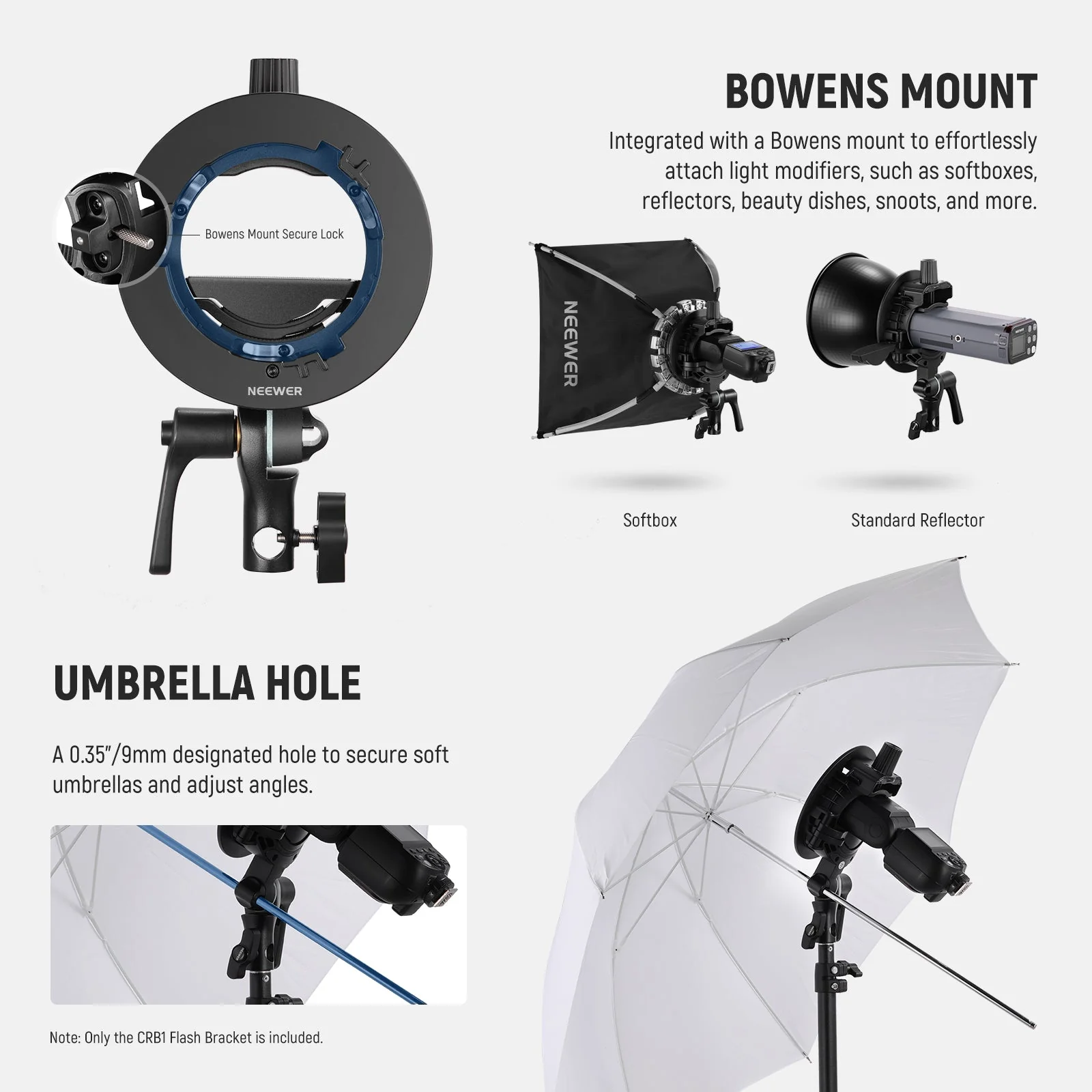 NEEWER CRB1 S-Type Bowens Mount Bracket Holder for Round Square Flash - Image 6