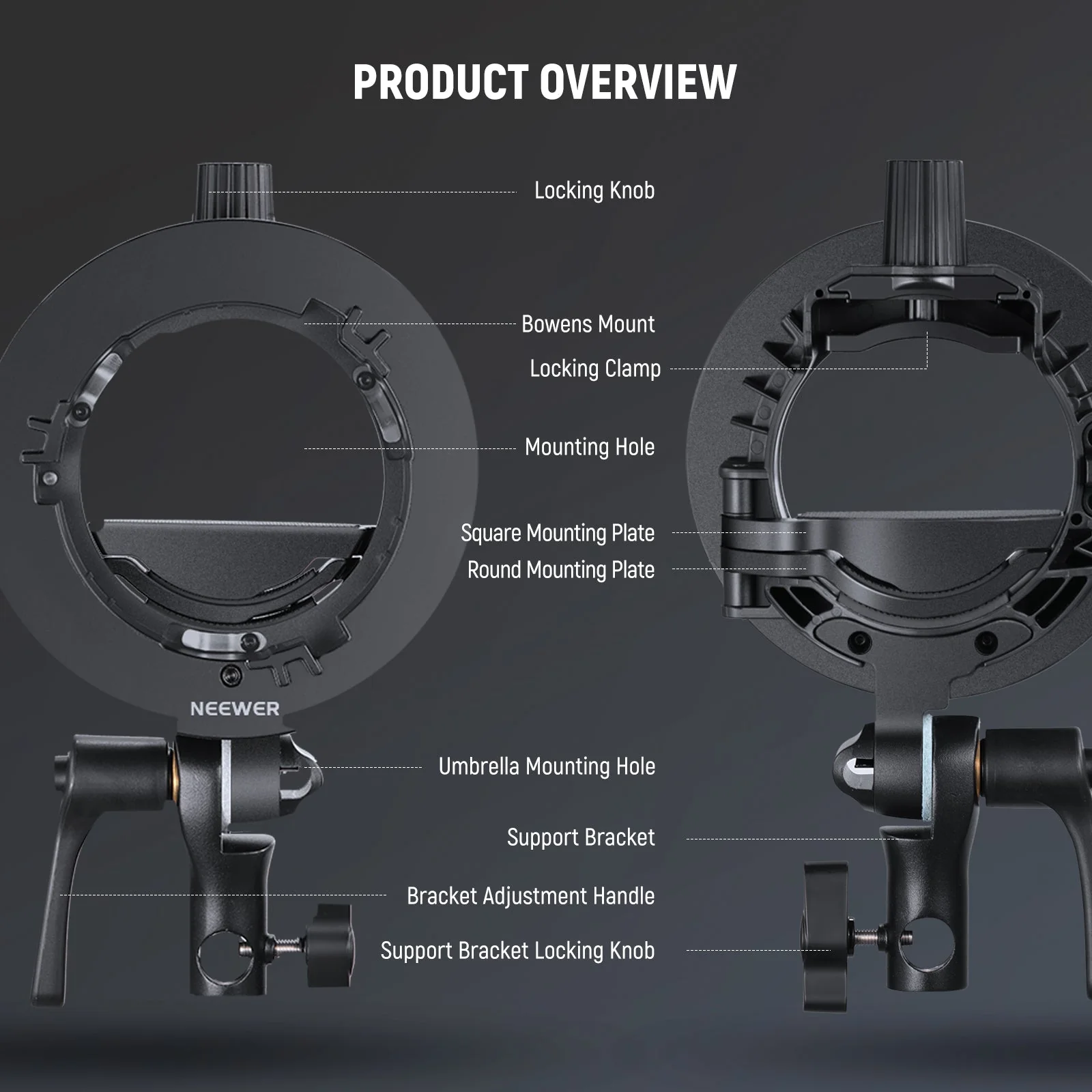 NEEWER CRB1 S-Type Bowens Mount Bracket Holder for Round Square Flash - Image 8