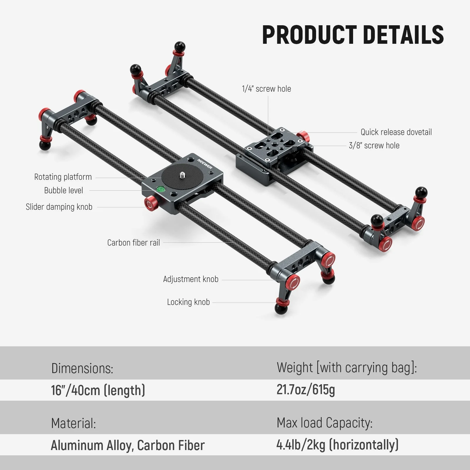 NEEWER CS1M/CS2M Carbon Fiber Camera Slider - Image 9
