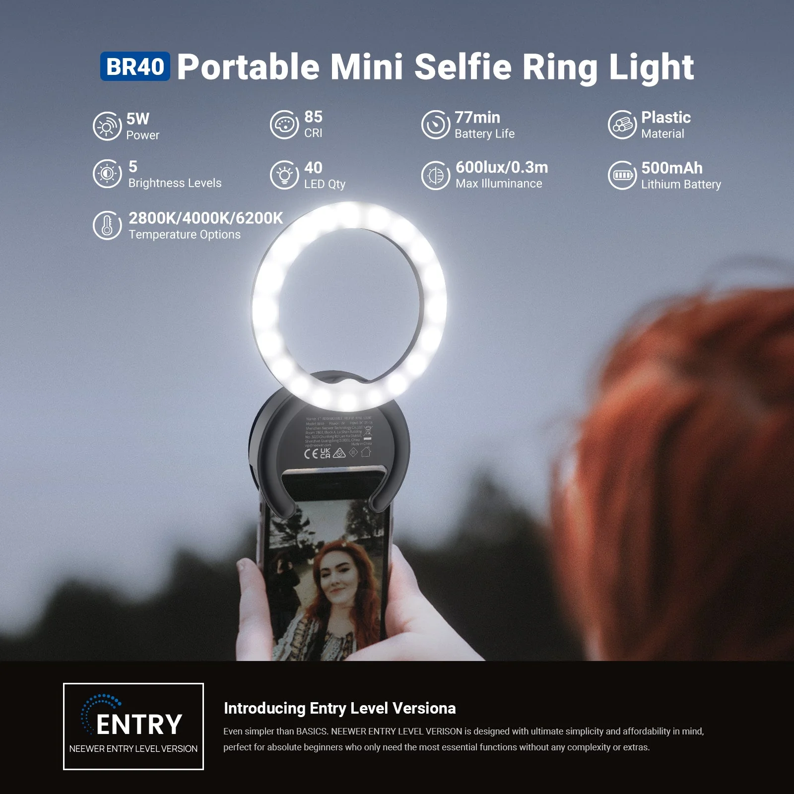 NEEWER ENTRY LEVEL VERSION BR40 4" Phone Selfie Ring Light - Image 2