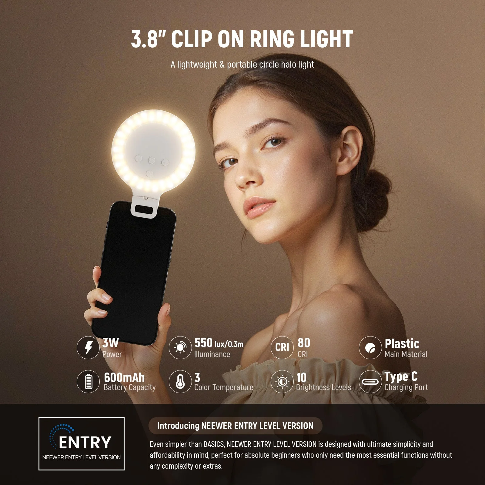 NEEWER ENTRY LEVEL VERSION NR5 3.8" Clip on Selfie Ring Light - Image 2