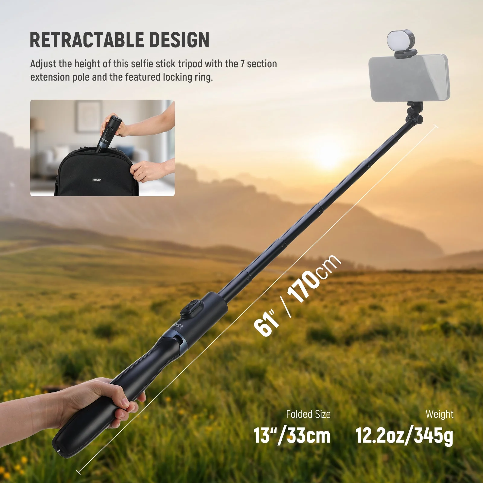 NEEWER ENTRY LEVEL VERSION PA987 67" Selfie Stick Tripod with Light - Image 4
