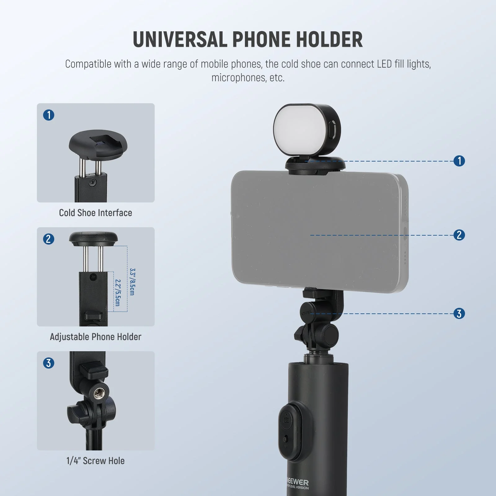 NEEWER ENTRY LEVEL VERSION PA987 67" Selfie Stick Tripod with Light - Image 6