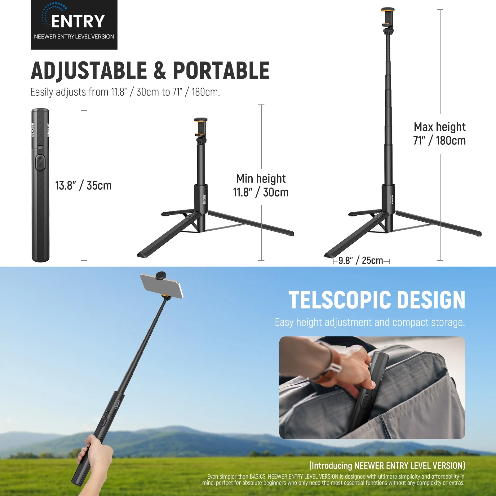 NEEWER ENTRY LEVEL VERSION PA988 71" Selfie Stick Tripod - Image 2
