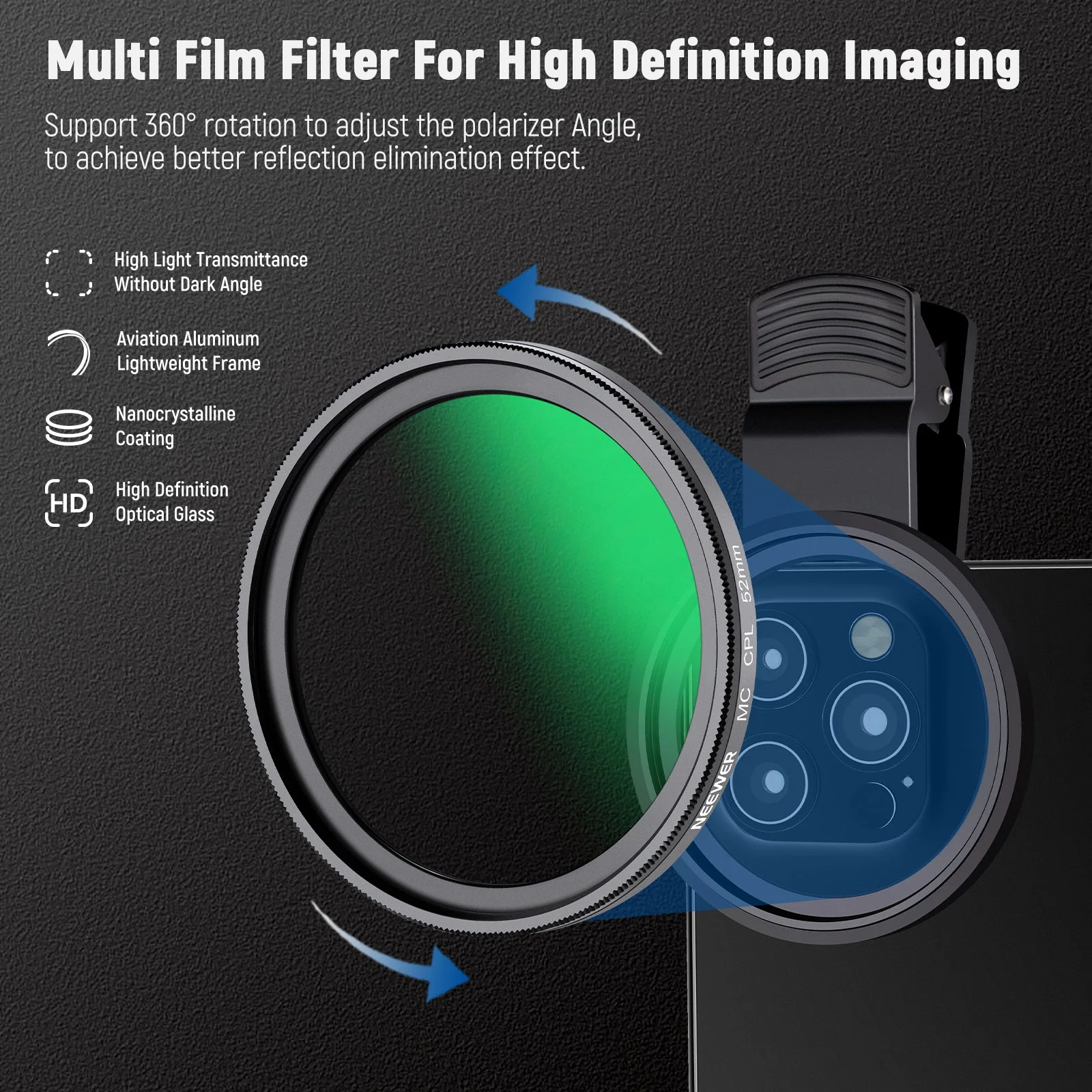 NEEWER FL-26 52mm CPL Filter With Clip for Phone/Samsung - Image 3