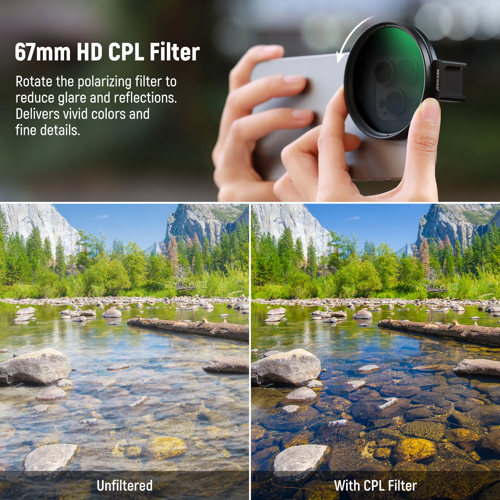 NEEWER FL-41 67mm CPL Filter for Cell Phone Camera Lens - Image 3