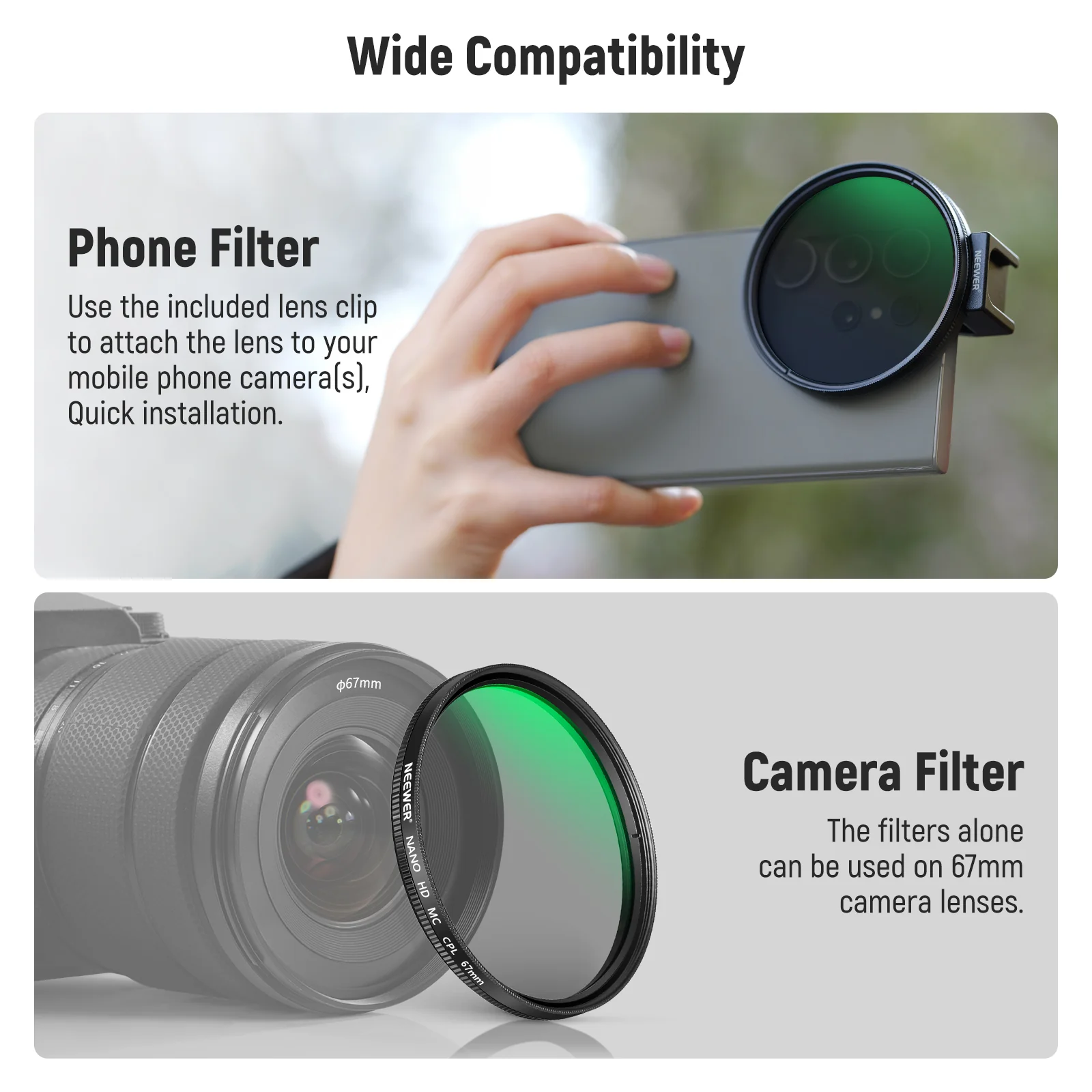 NEEWER FL-41 67mm CPL Filter for Cell Phone Camera Lens - Image 7