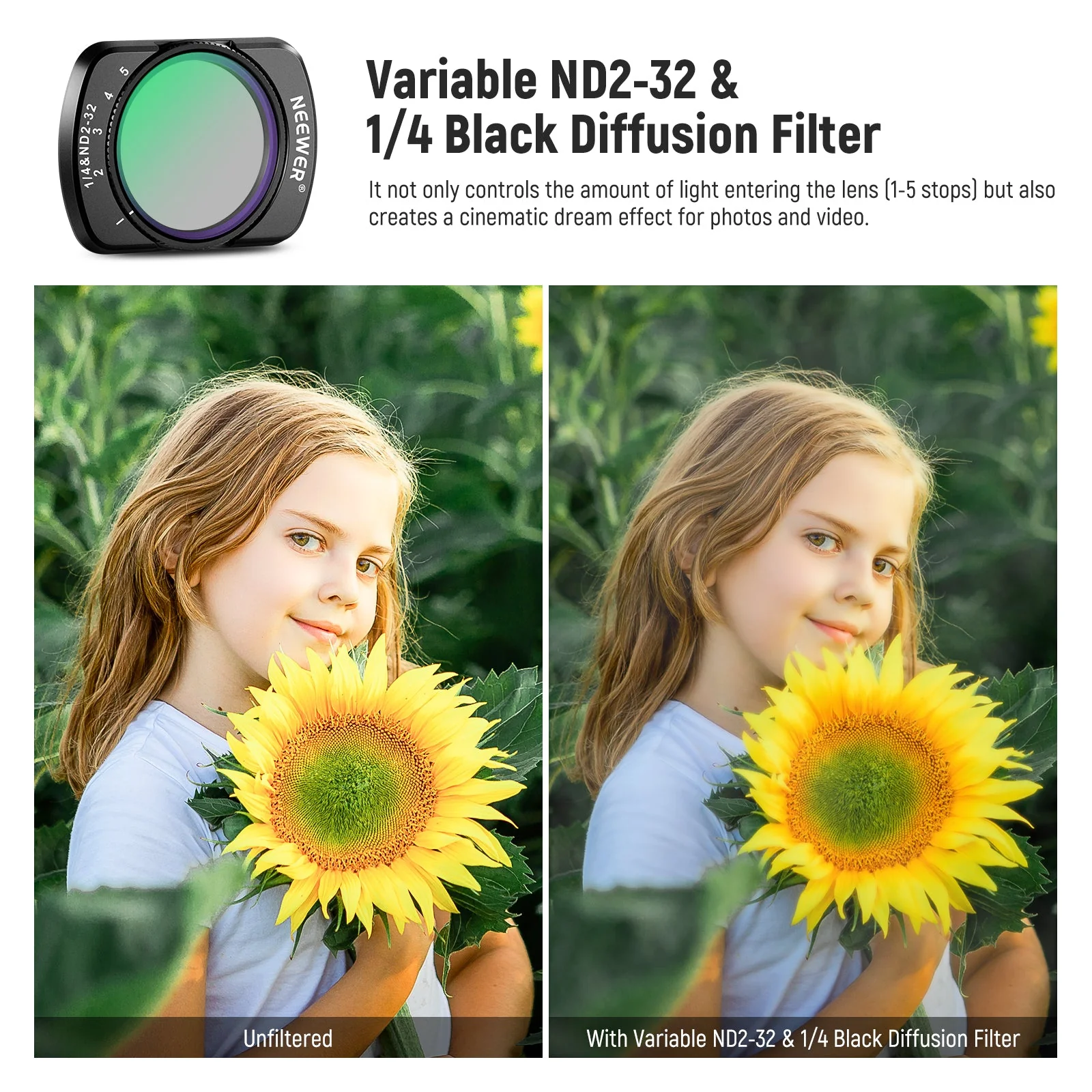NEEWER FL-83 Variable ND2-32 & 1/4 Black Diffusion Filter For Pocket 3 / Pocket 4 - Image 3
