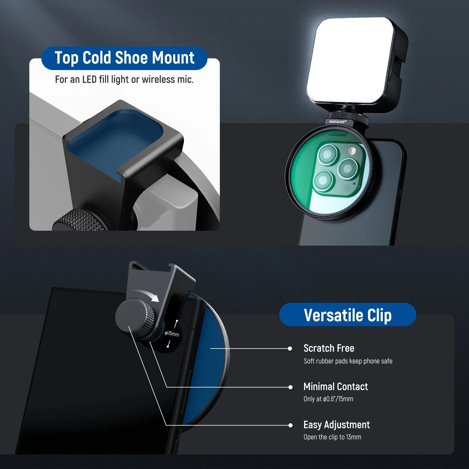 NEEWER FL-88 67mm 1/4 Black Diffusion Filter & Cold Shoe Phone Clip for Phone - Image 5