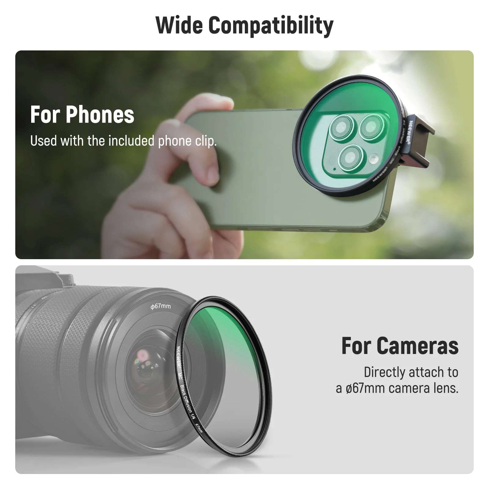 NEEWER FL-88 67mm 1/4 Black Diffusion Filter & Cold Shoe Phone Clip for Phone - Image 6