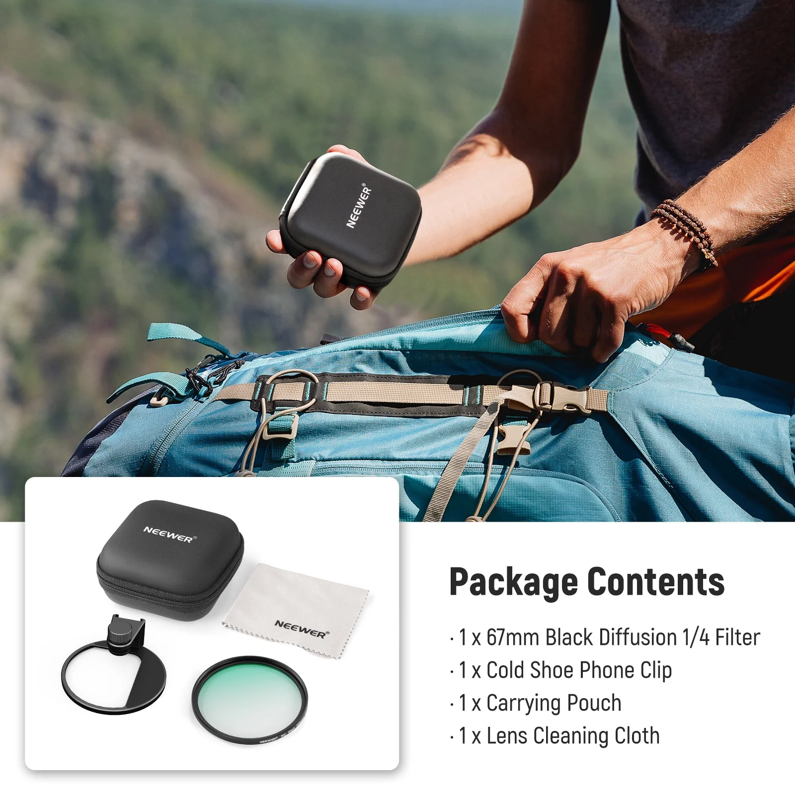 NEEWER FL-88 67mm 1/4 Black Diffusion Filter & Cold Shoe Phone Clip for Phone - Image 8