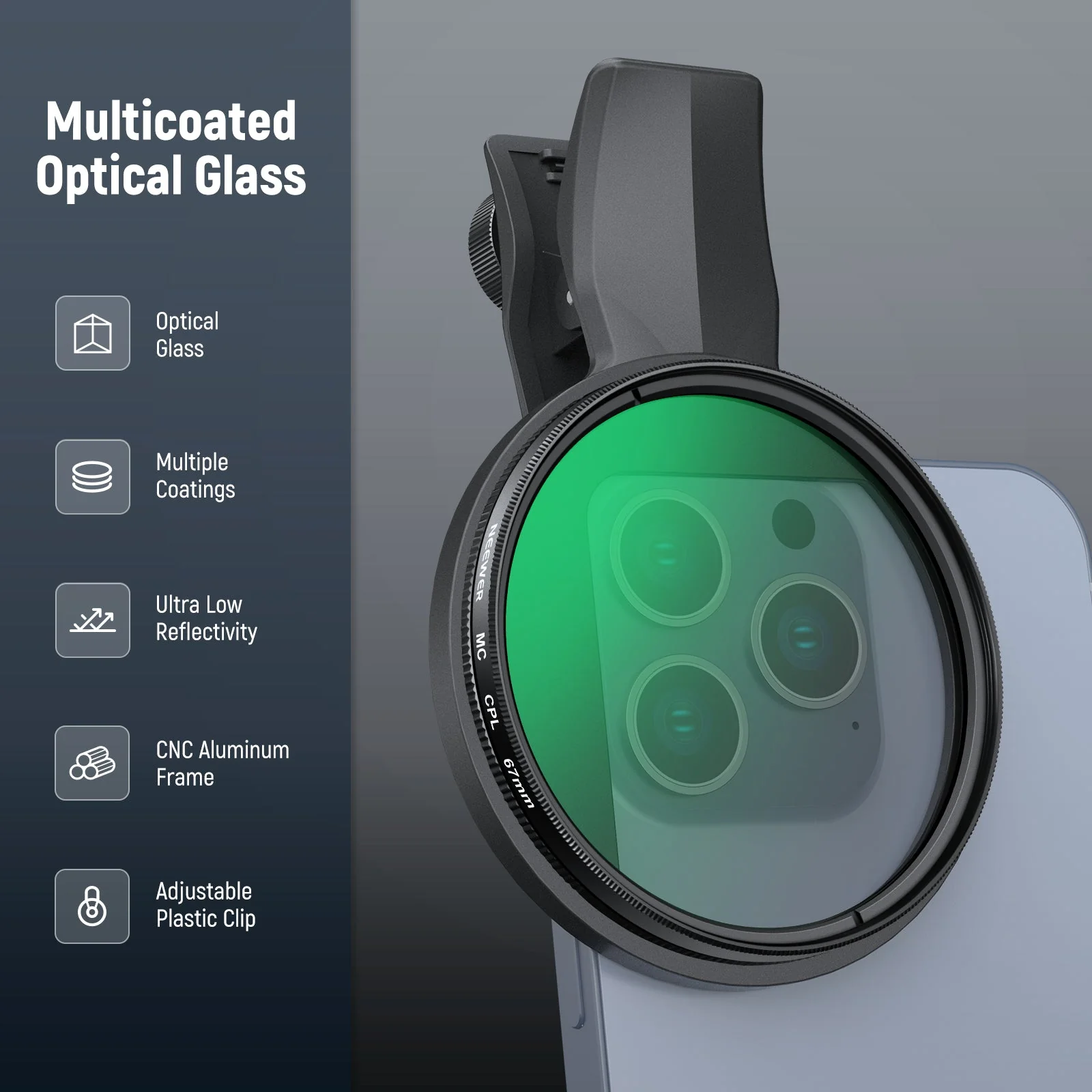 NEEWER FL-B23 67mm Clip-On CPL Filter For Smartphone - Image 7