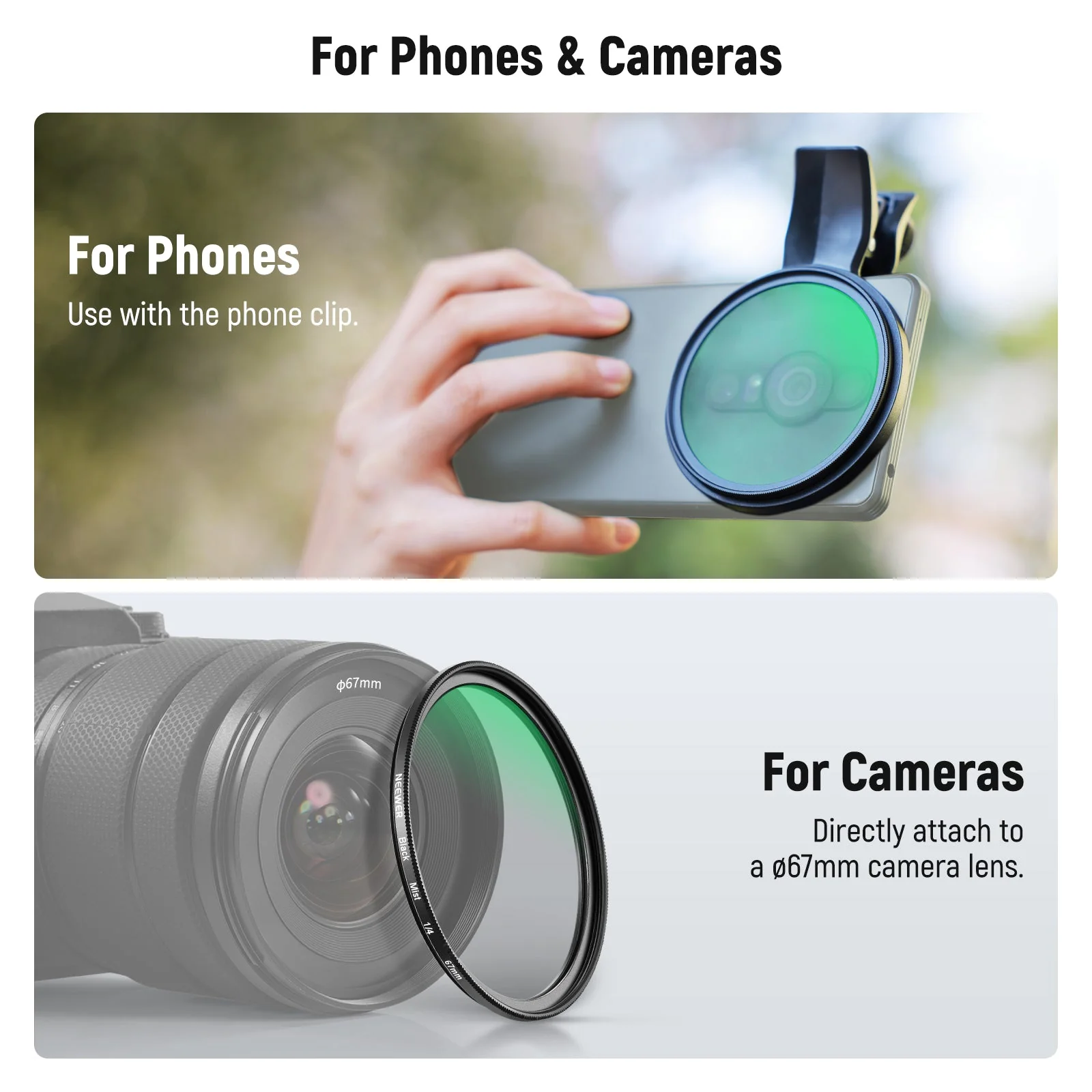 NEEWER FL-B24/FL-B20 67mm Black Diffusion 1/4 Filter with Clip For Smartphone - Image 12