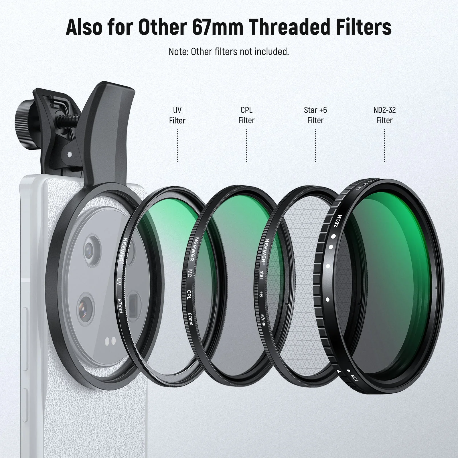 NEEWER FL-B24/FL-B20 67mm Black Diffusion 1/4 Filter with Clip For Smartphone - Image 17
