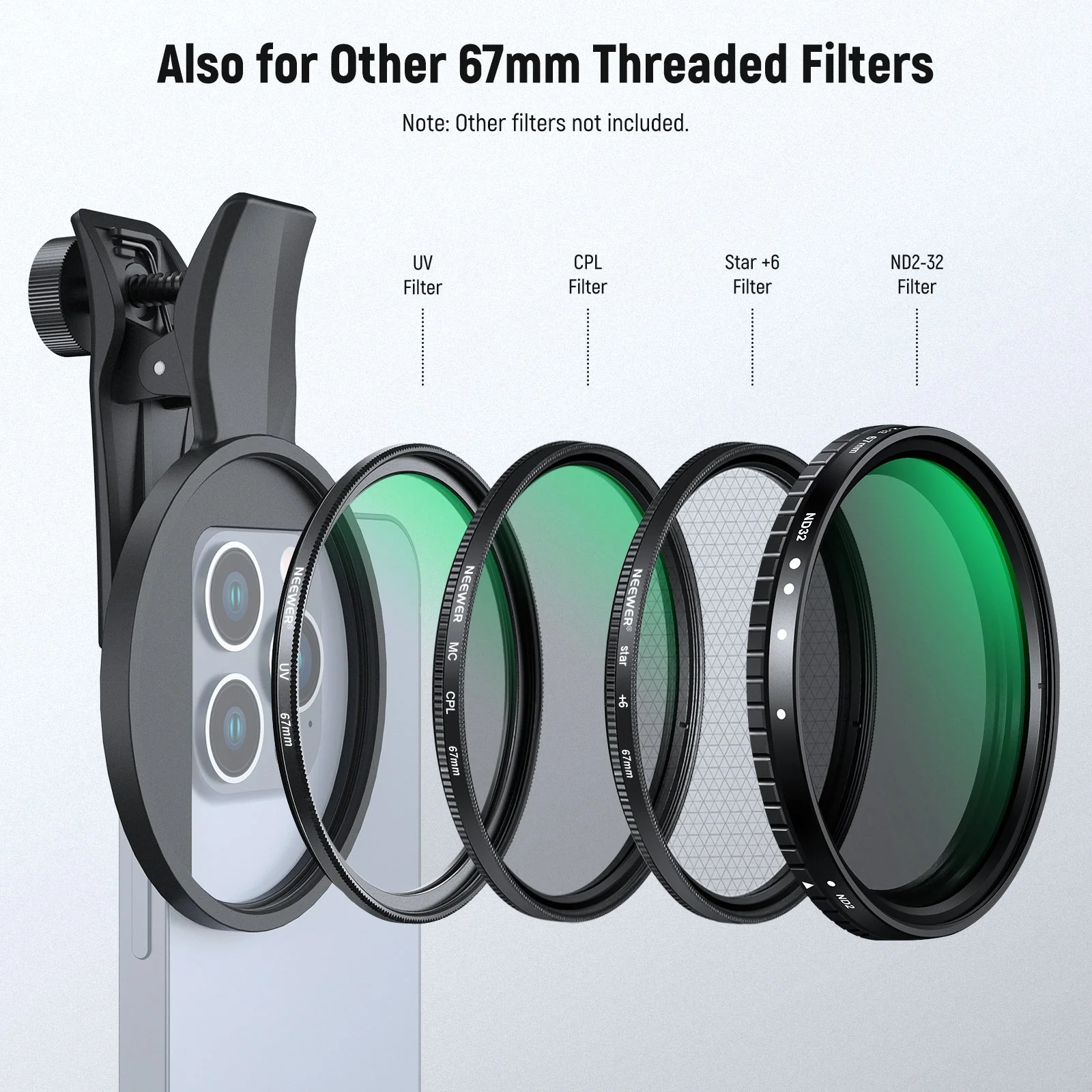 NEEWER FL-B24/FL-B20 67mm Black Diffusion 1/4 Filter with Clip For Smartphone - Image 4