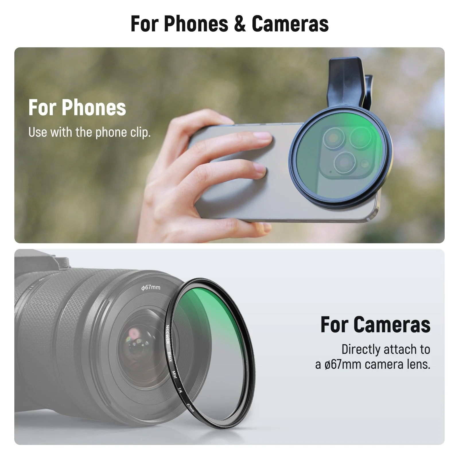 NEEWER FL-B24/FL-B20 67mm Black Diffusion 1/4 Filter with Clip For Smartphone - Image 6