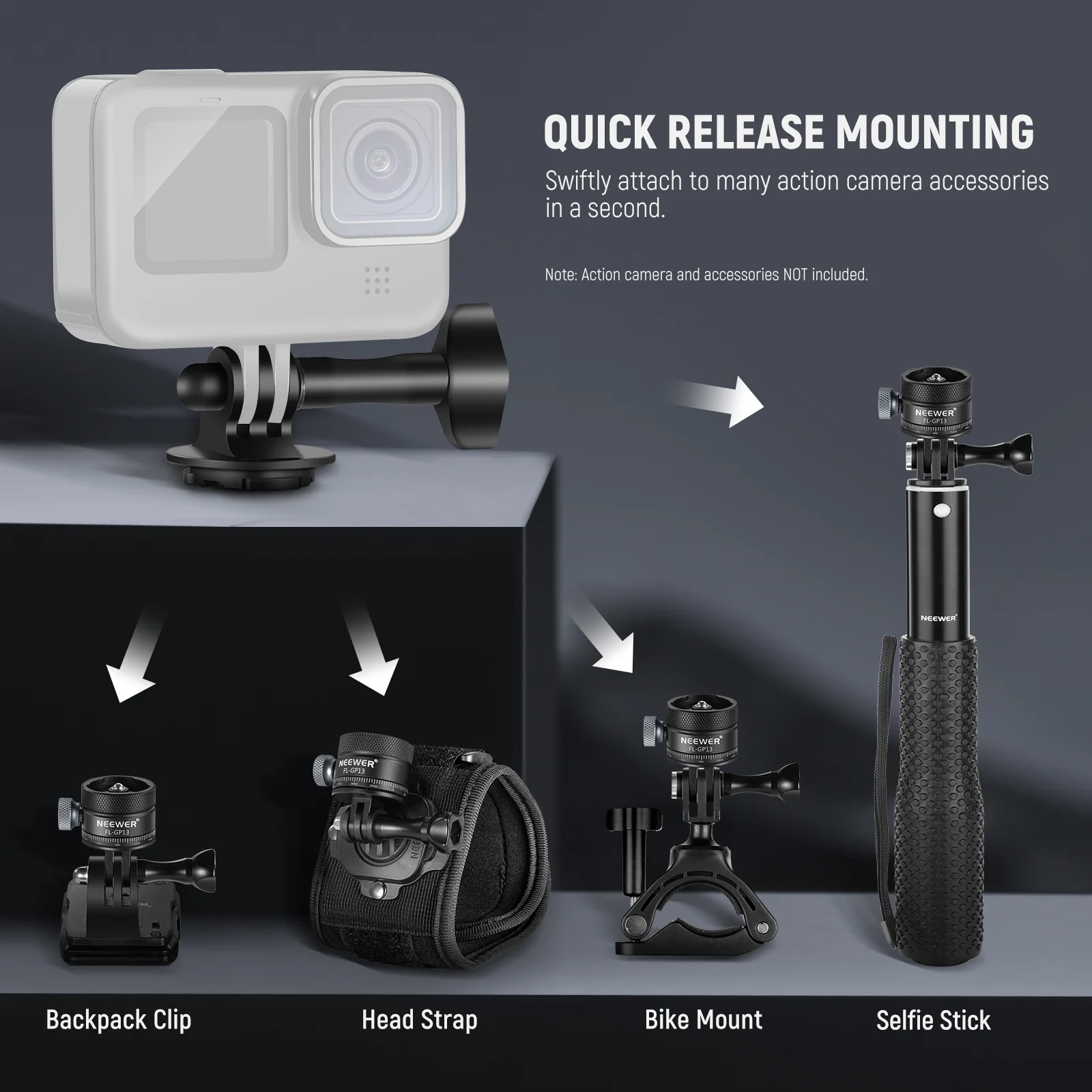 NEEWER FL-GP13 Quick Release Tripod Mount Adapter Compatible with GoPro Hero - Image 2