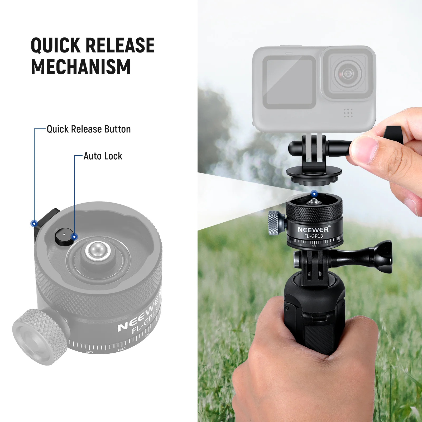 NEEWER FL-GP13 Quick Release Tripod Mount Adapter Compatible with GoPro Hero - Image 6
