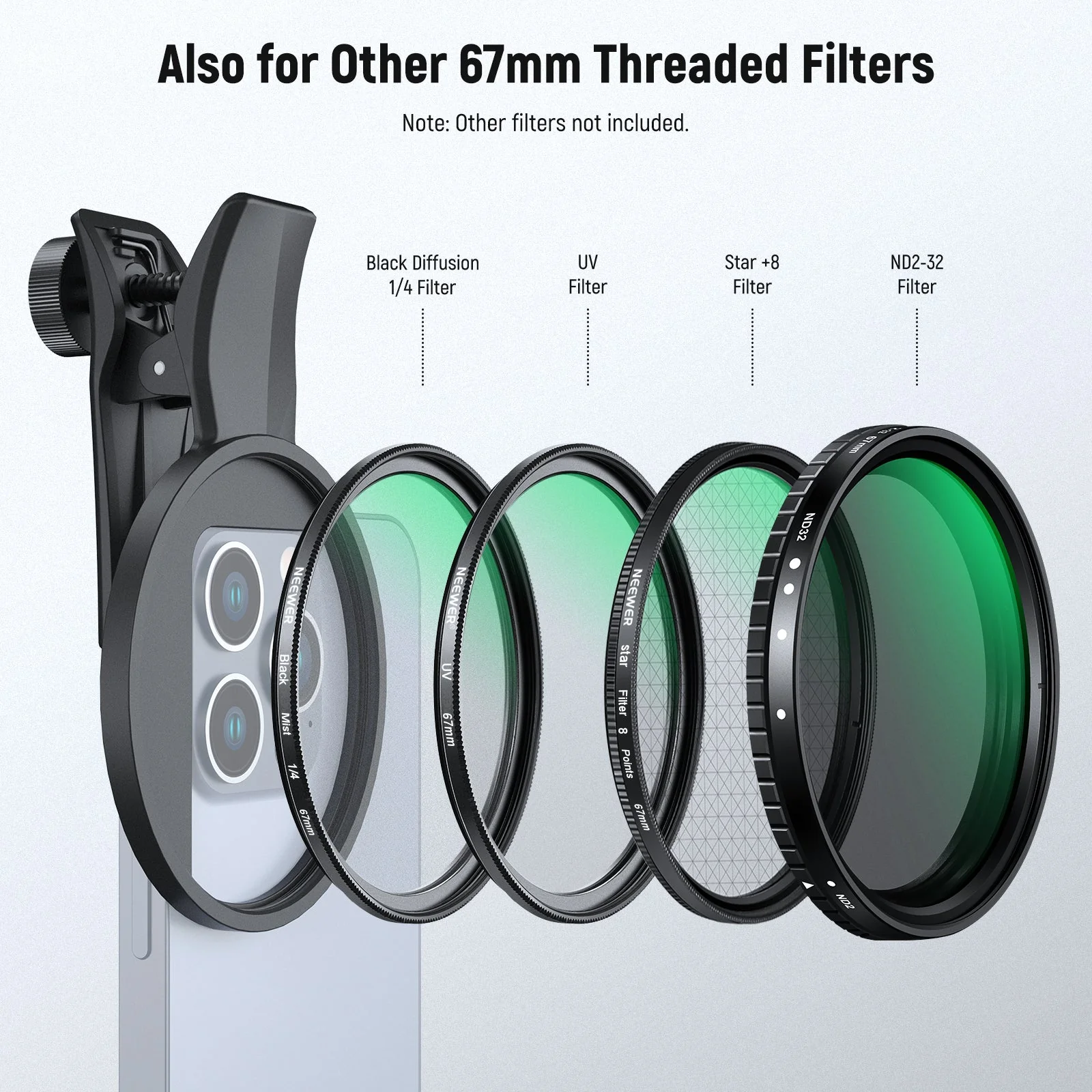 NEEWER FL-P11/FL-P12 7 Pack Clip-On 67mm Filter Set for Smartphones - Image 8
