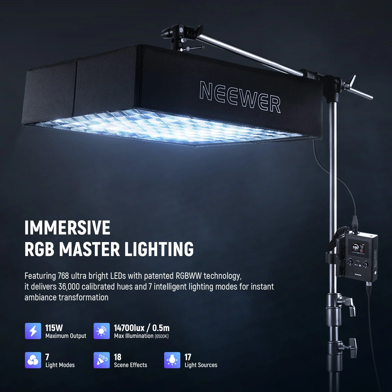 NEEWER FL100C 115W Flexible DMX Control LED RGB Video Light Kit - Image 3