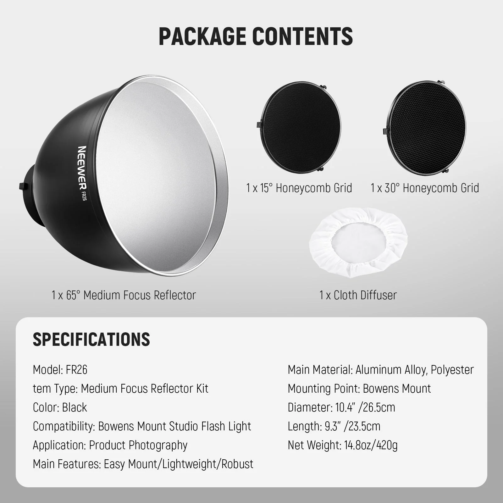 NEEWER FR26 10.4″ Medium Focus Reflector Bowens Mount Kit - Image 9