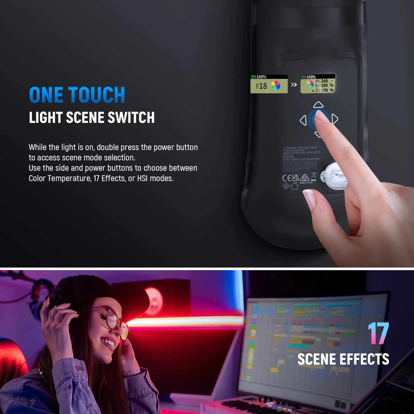 NEEWER BASICS GC30C 30W RGB Handheld Inflatable LED Fill Light - Image 3