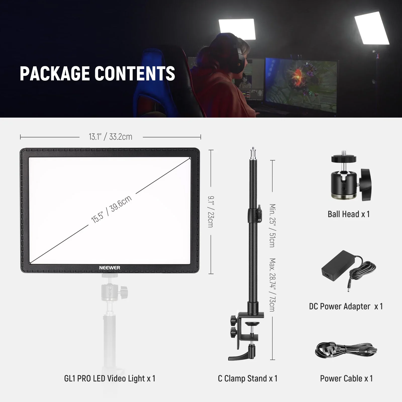 NEEWER GL1 PRO 15.5" Bi-Color Key Light Streaming Light Compatible with Elgato - Image 9