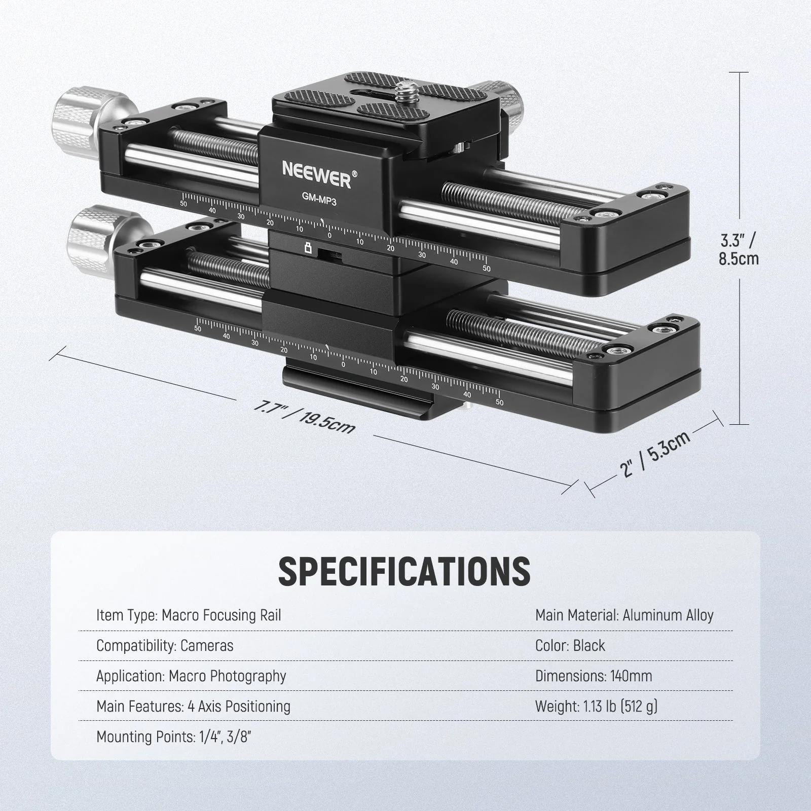 NEEWER GM-MP3 4 Axis Macro Focusing Rail Slider - Image 8