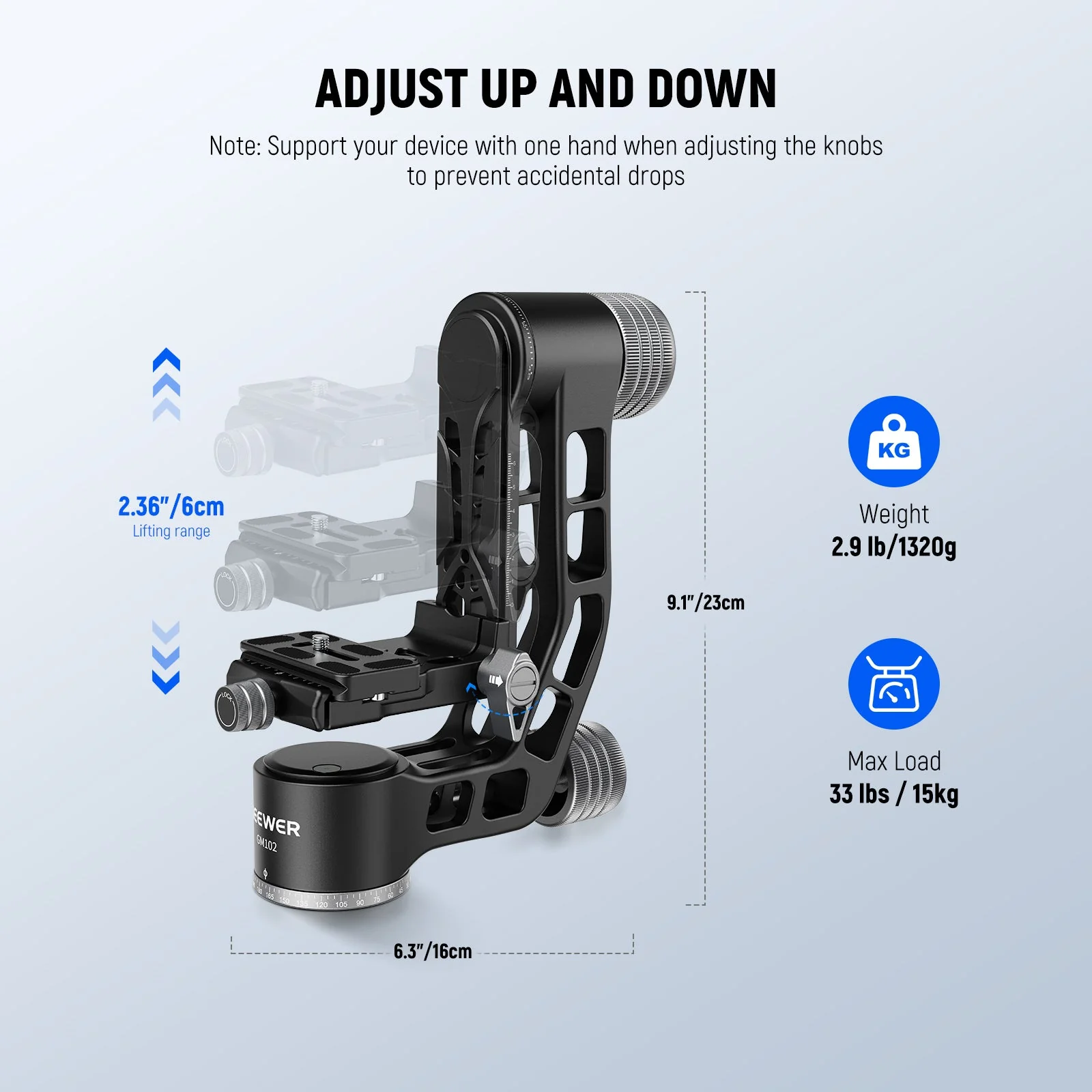NEEWER GM102 Heavy Duty Aluminum Tripod Gimbal Head - Image 4