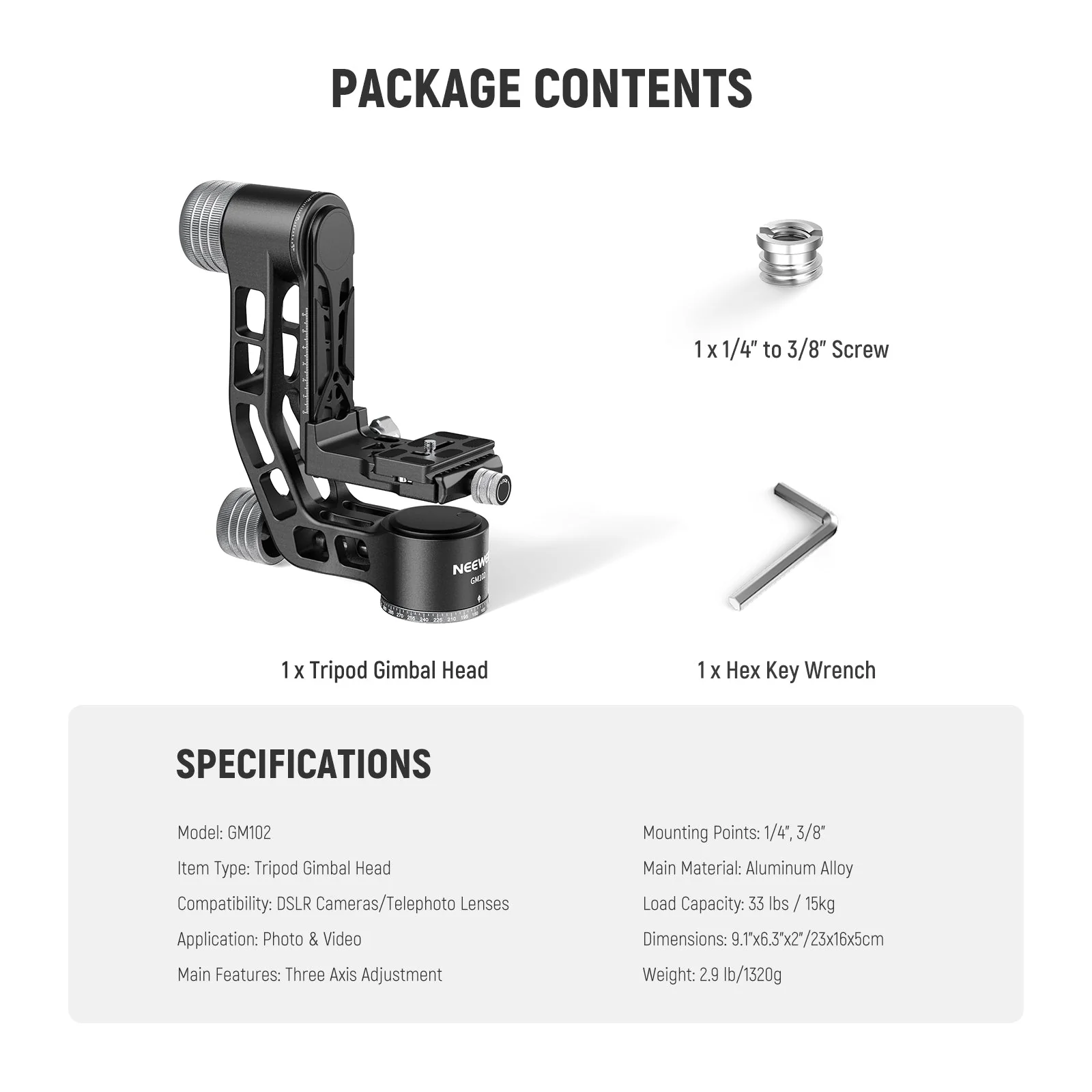 NEEWER GM102 Heavy Duty Aluminum Tripod Gimbal Head - Image 9