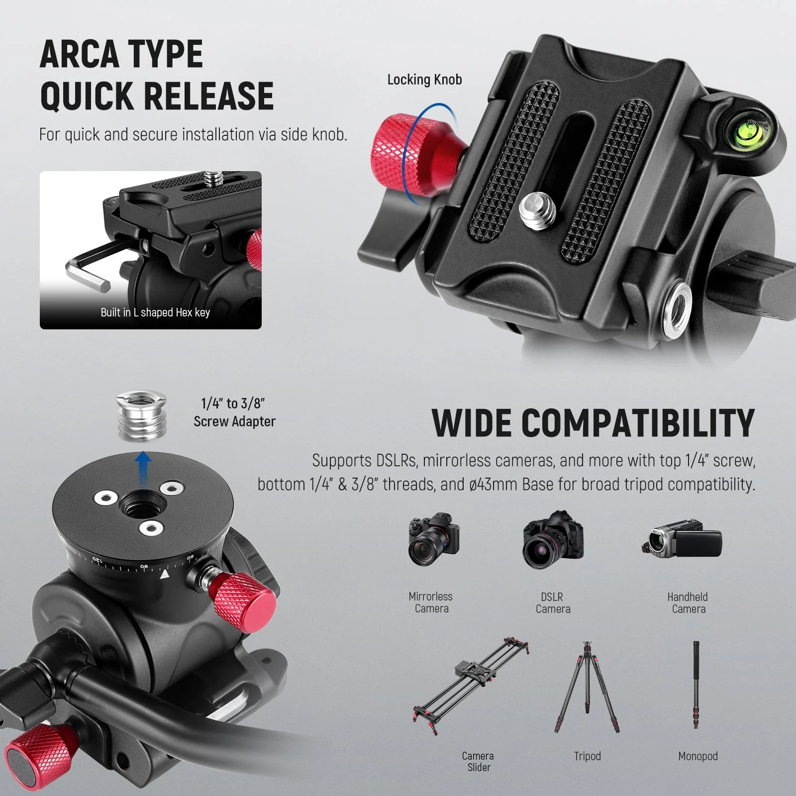 NEEWER GM23 Fluid Tripod Head with Handle & Arca Type Quick Release - Image 5