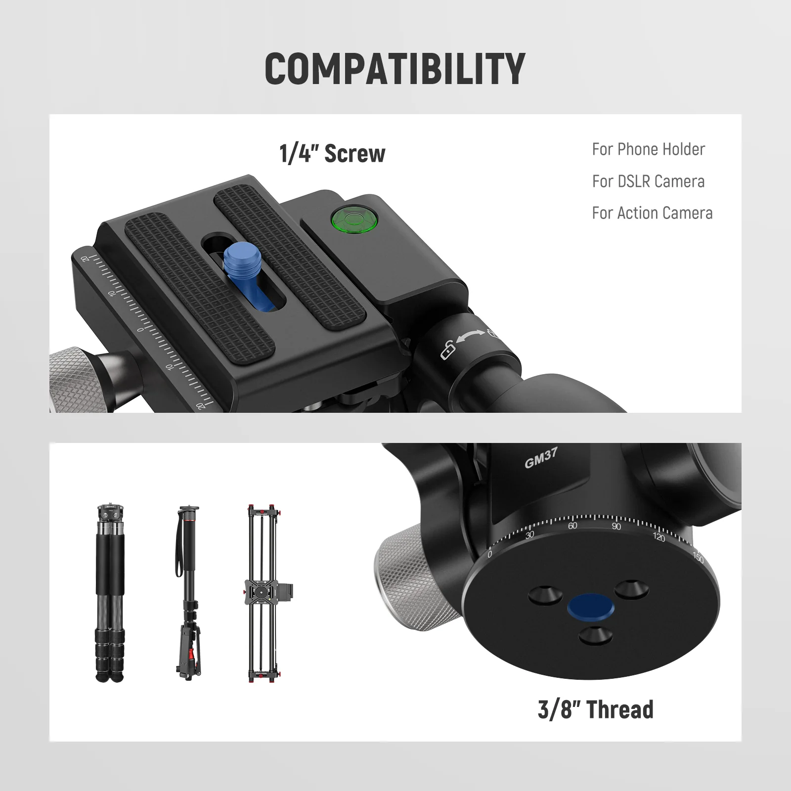 NEEWER GM37 3-Way Pan Tilt Tripod Head with ±15° Leveling Bowl Base - Image 6