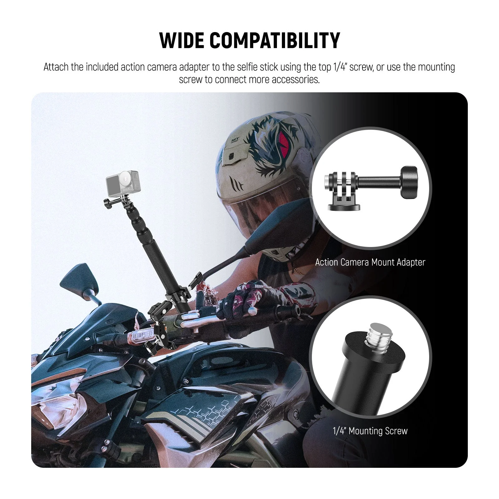 NEEWER GP-30 Motorcycle Action Camera Mount Kit with Selfie Stick & Magic Arms - Image 3