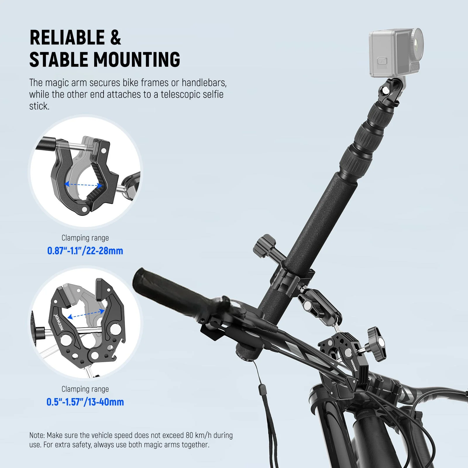 NEEWER GP-30 Motorcycle Action Camera Mount Kit with Selfie Stick & Magic Arms - Image 5