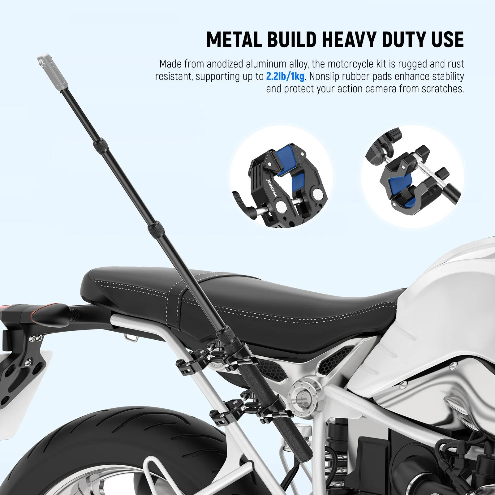NEEWER GP-30 Motorcycle Action Camera Mount Kit with Selfie Stick & Magic Arms - Image 6