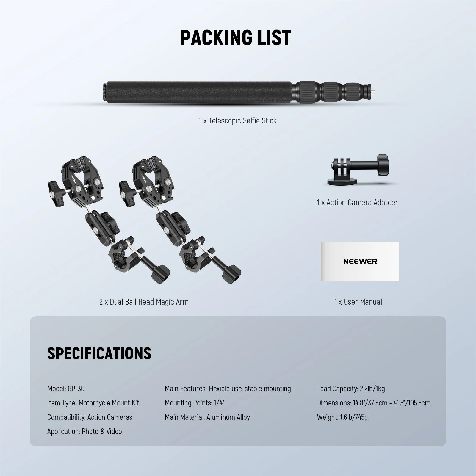 NEEWER GP-30 Motorcycle Action Camera Mount Kit with Selfie Stick & Magic Arms - Image 8