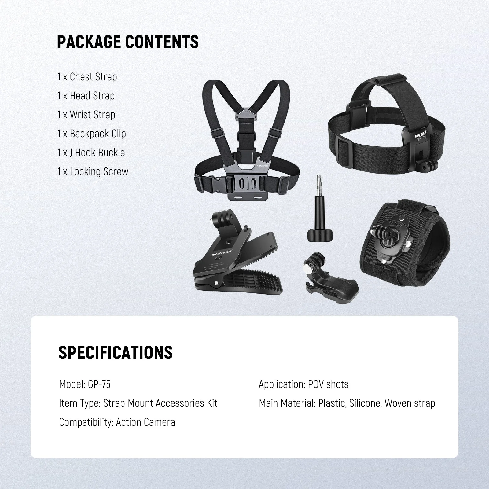 NEEWER GP-75 Strap Mount Accessories Kit For Action Cameras - Image 7