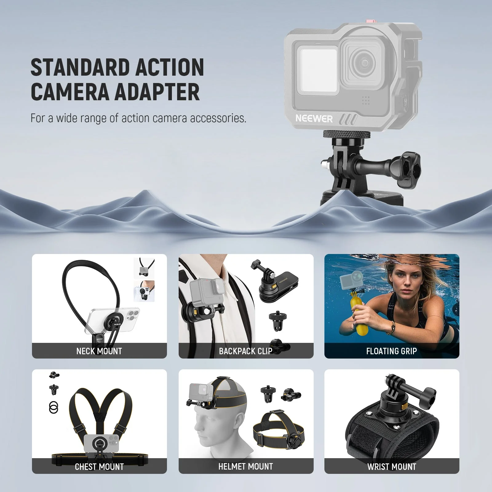 NEEWER GP-81 Action Camera Tripod Mount Adapter with 1/4" Screw Aluminum Alloy - Image 3