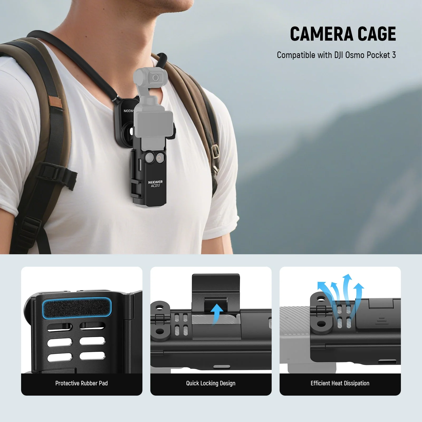 NEEWER GP39 Magnetic Action Camera Neck Mount with Pocket 3 Cage - Image 3