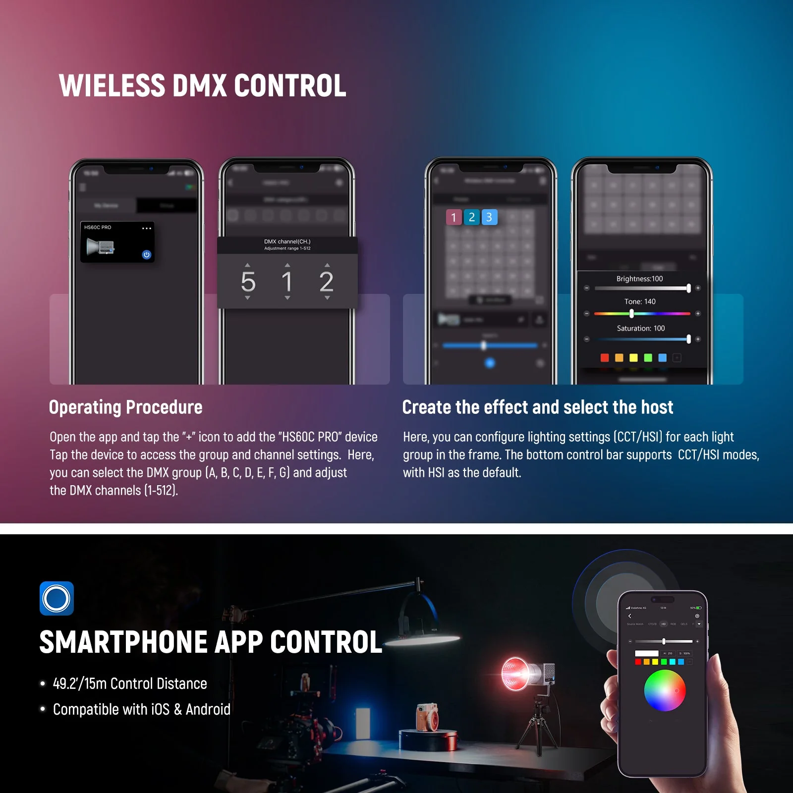 NEEWER HS60C Pro 60W Portable DMX Control RGB LED Video Light - Image 4