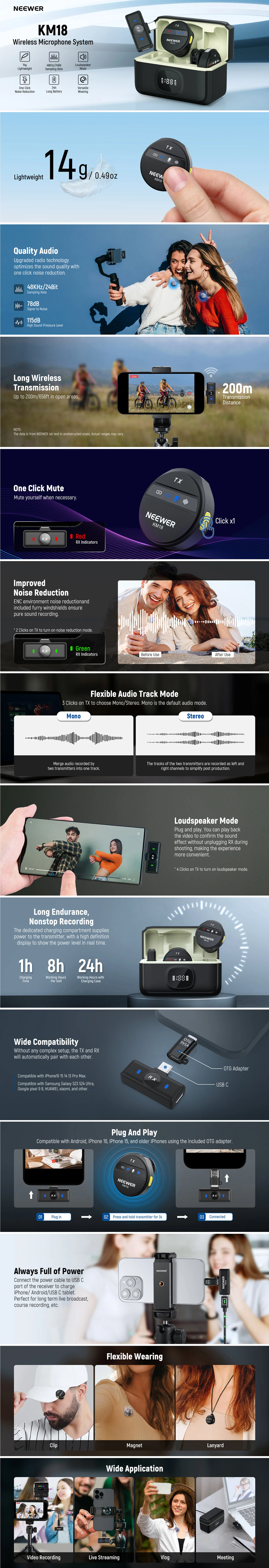 NEEWER KM18 Wireless Lavalier Lapel Microphone For iPhone/Android/PC - Image 10