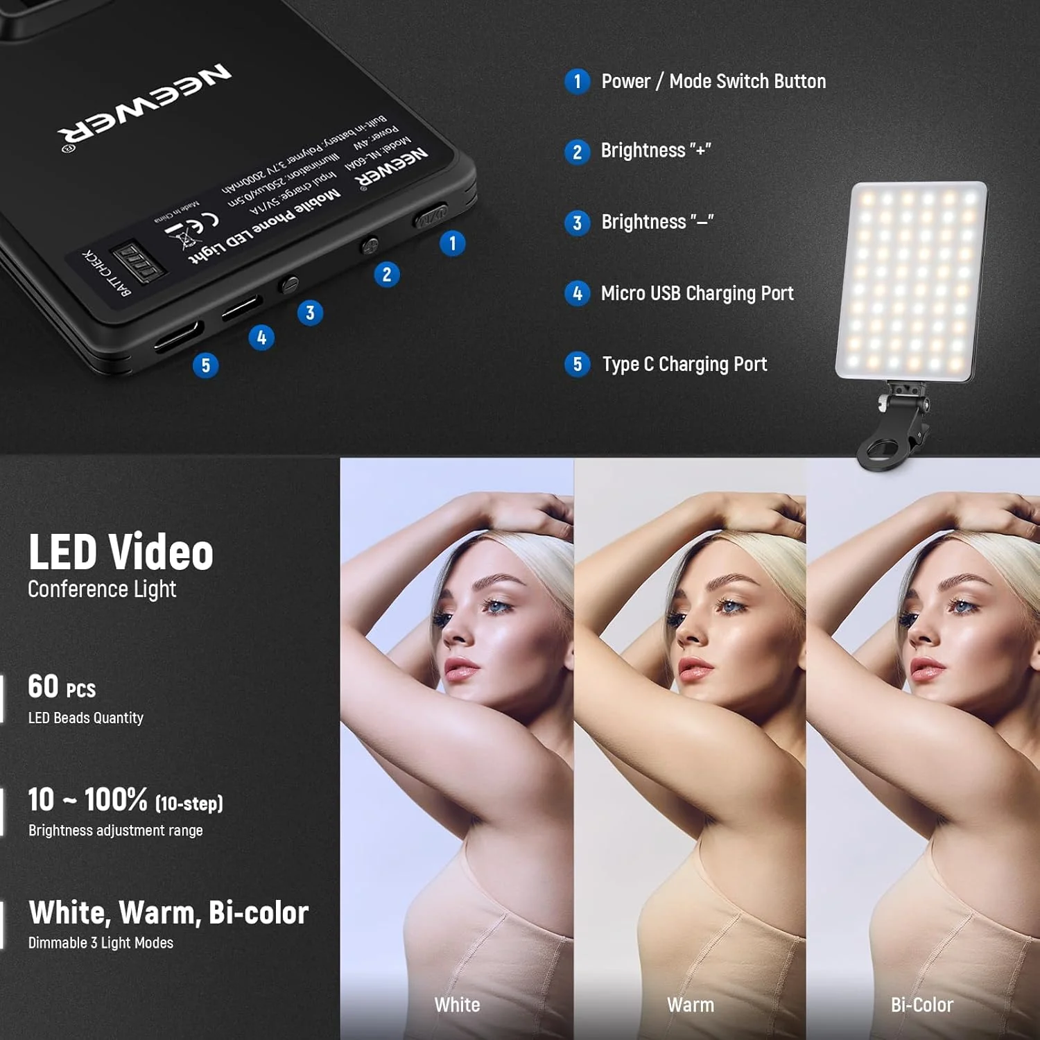NEEWER BASICS NL-60AI LED Selfie Video Conference Light with Phone Clip - Image 11