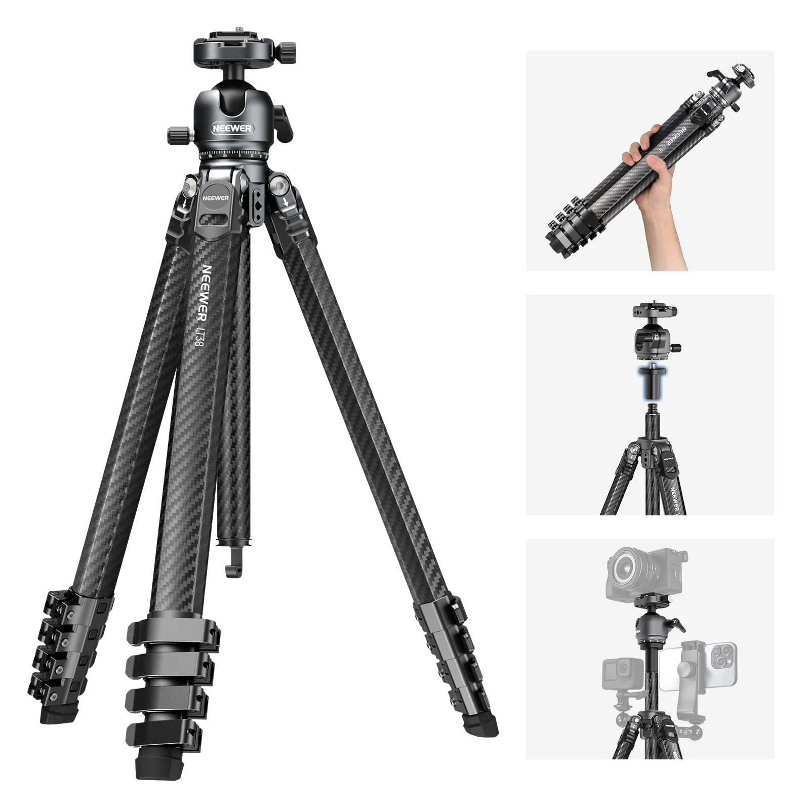 NEEWER LITETRIP LT38 61" Carbon Fiber Travel Tripod with Low Profile Head