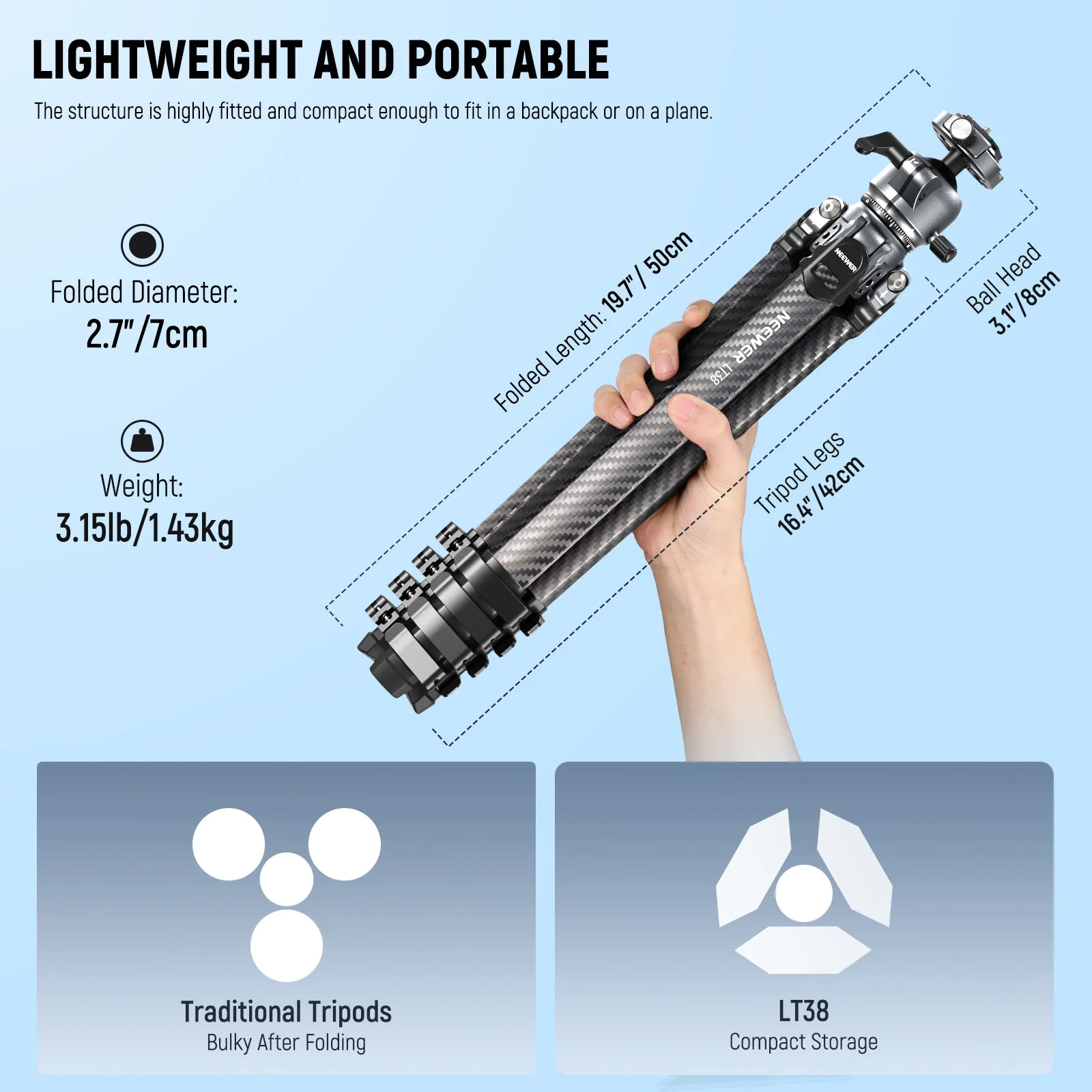 NEEWER LITETRIP LT38 61" Carbon Fiber Travel Tripod with Low Profile Head - Image 2