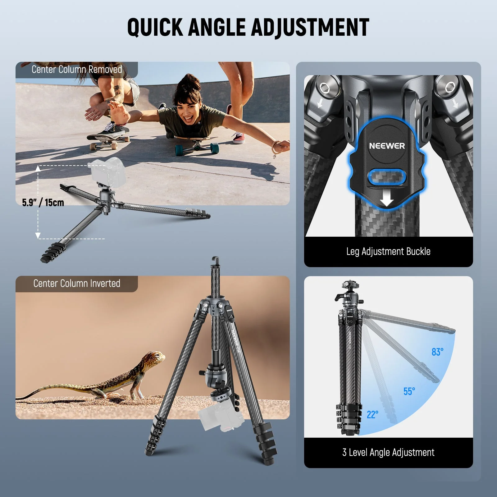 NEEWER LITETRIP LT38 61" Carbon Fiber Travel Tripod with Low Profile Head - Image 4