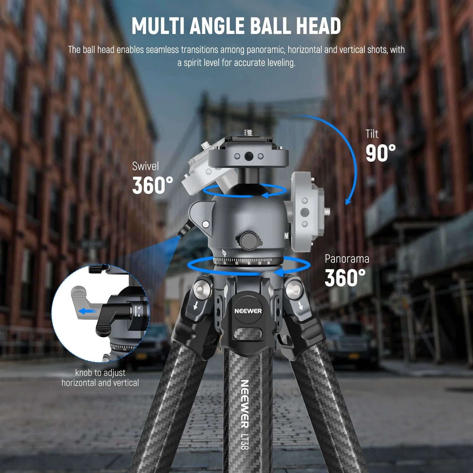 NEEWER LITETRIP LT38 61" Carbon Fiber Travel Tripod with Low Profile Head - Image 6