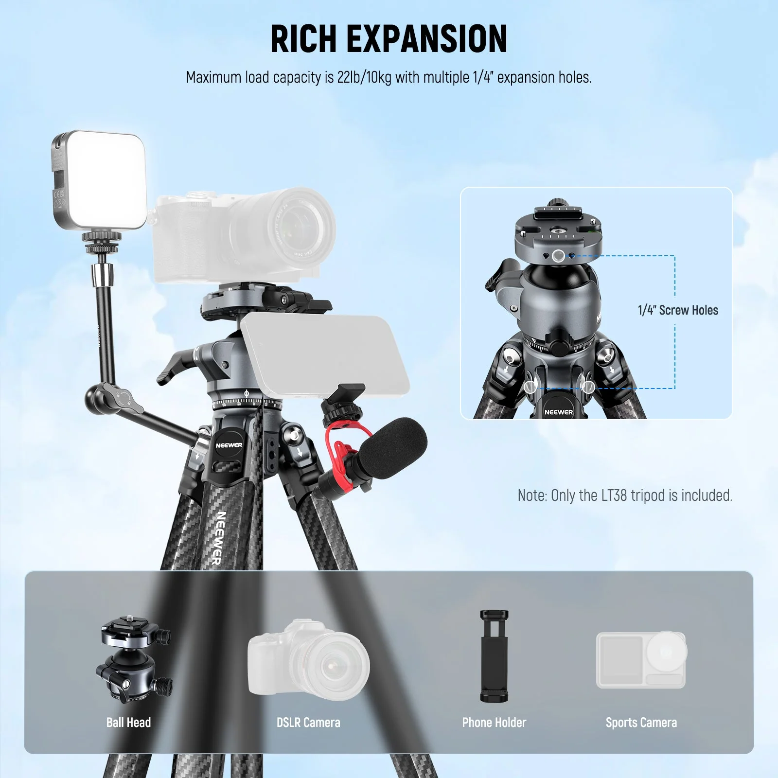 NEEWER LITETRIP LT38 61" Carbon Fiber Travel Tripod with Low Profile Head - Image 7