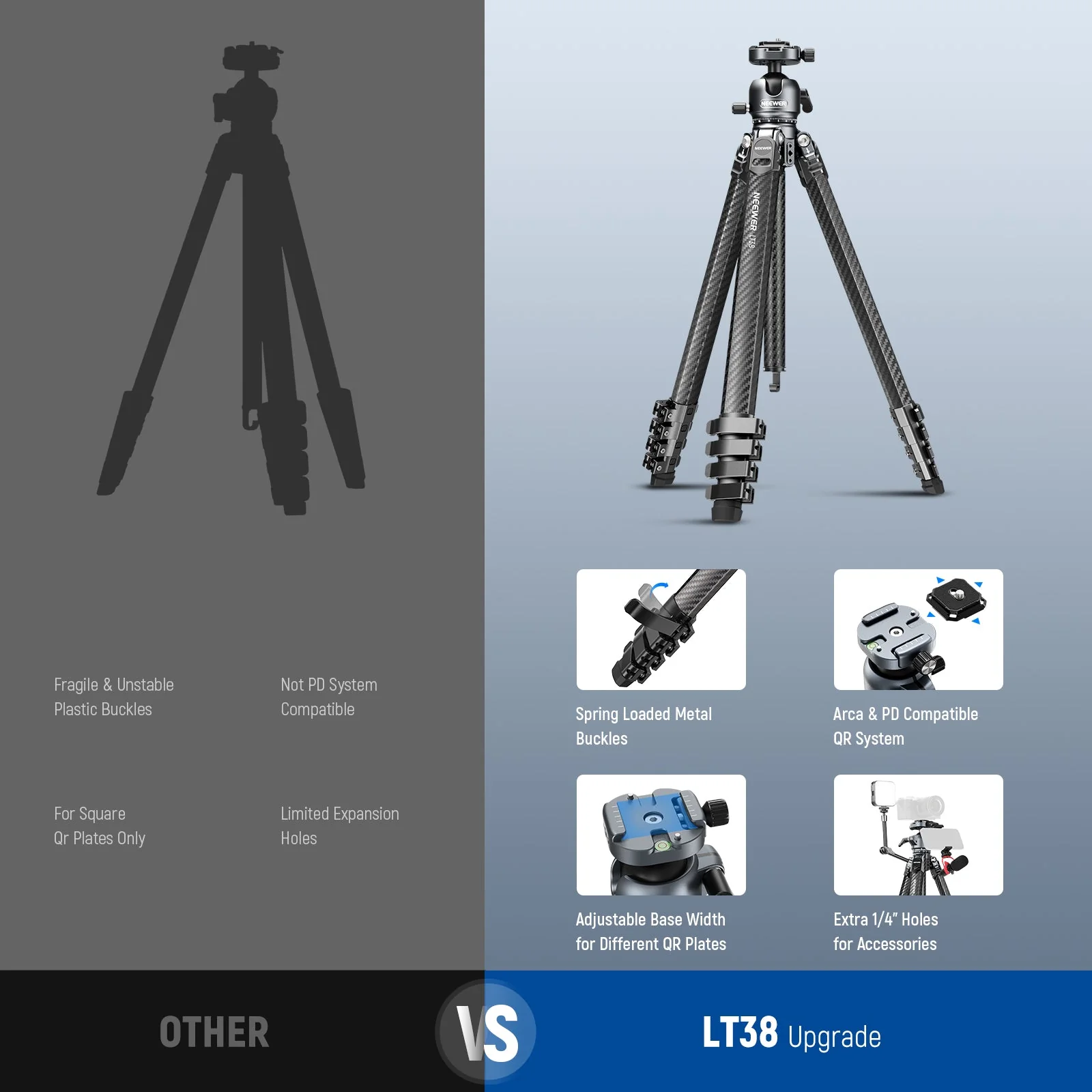 NEEWER LITETRIP LT38 61" Carbon Fiber Travel Tripod with Low Profile Head - Image 8
